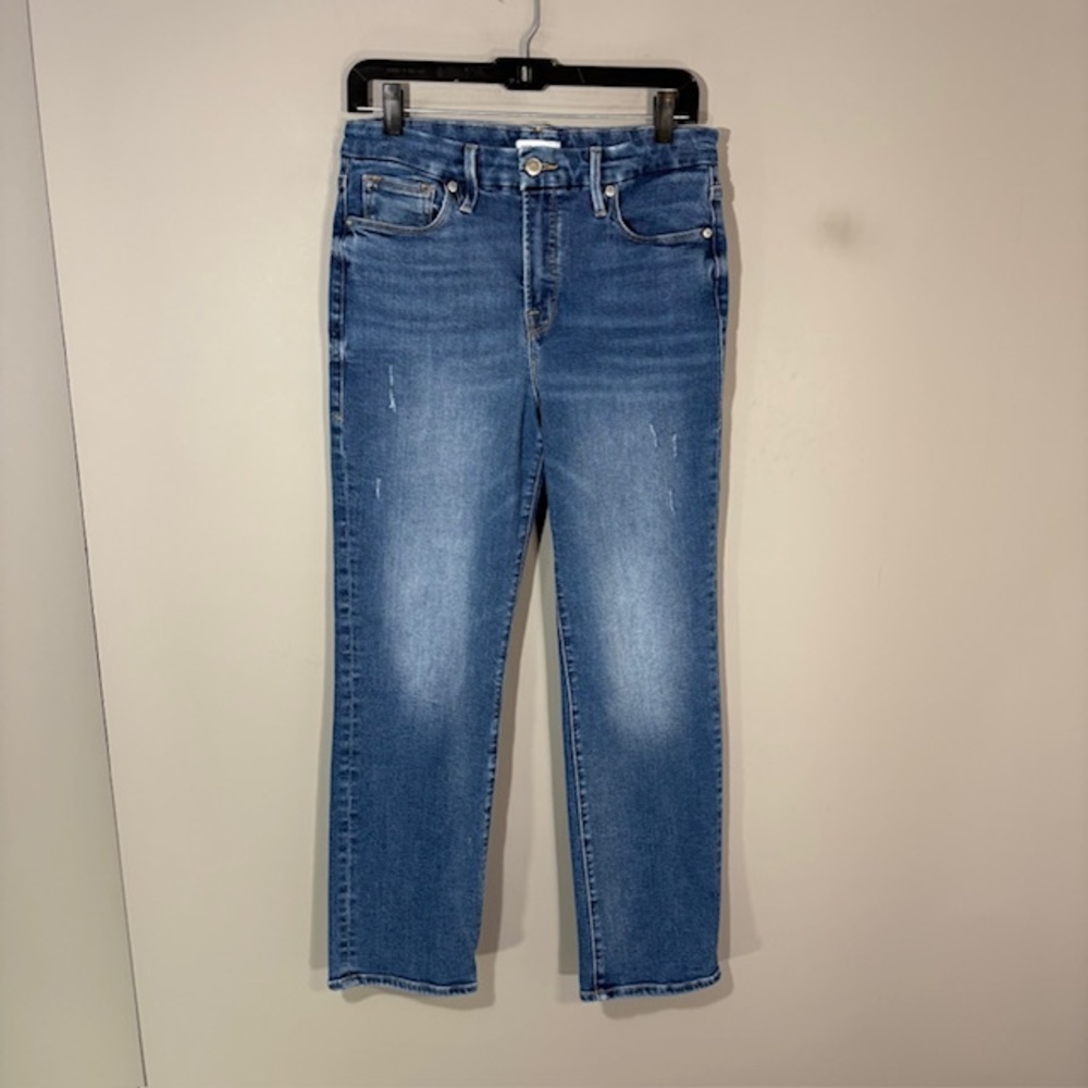 Good American Jeans Womens 8/29 Blue Med Wash Slim Straight Distressed Denim